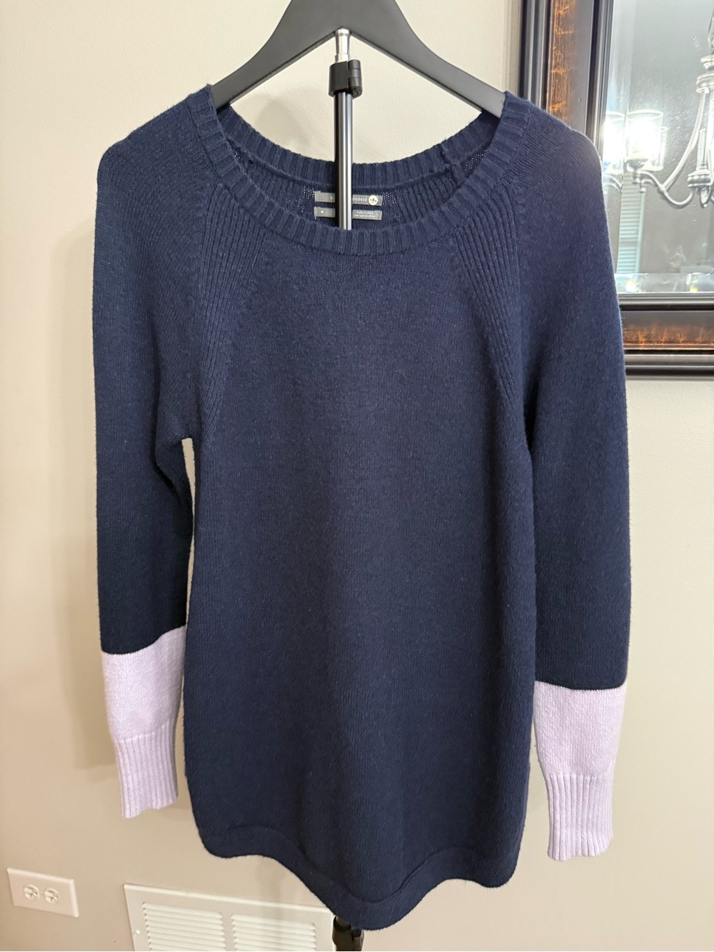 Anthropologie Navy Crewneck Sweater with Light Pink Cuff Detail